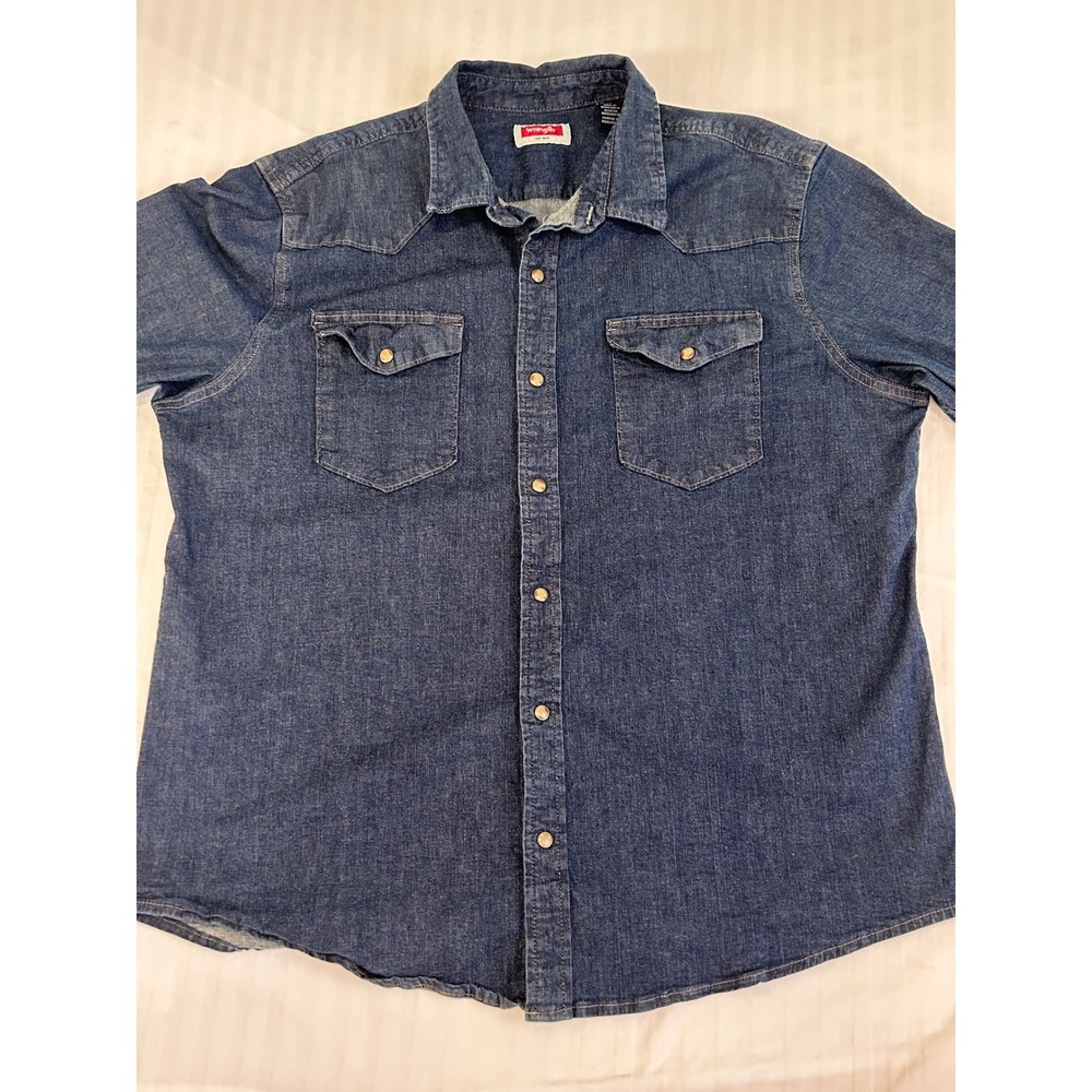 Wrangler Mens XL Denim Western Pearl Snap Shirt Dark Wash Long Sleeve Cowboy